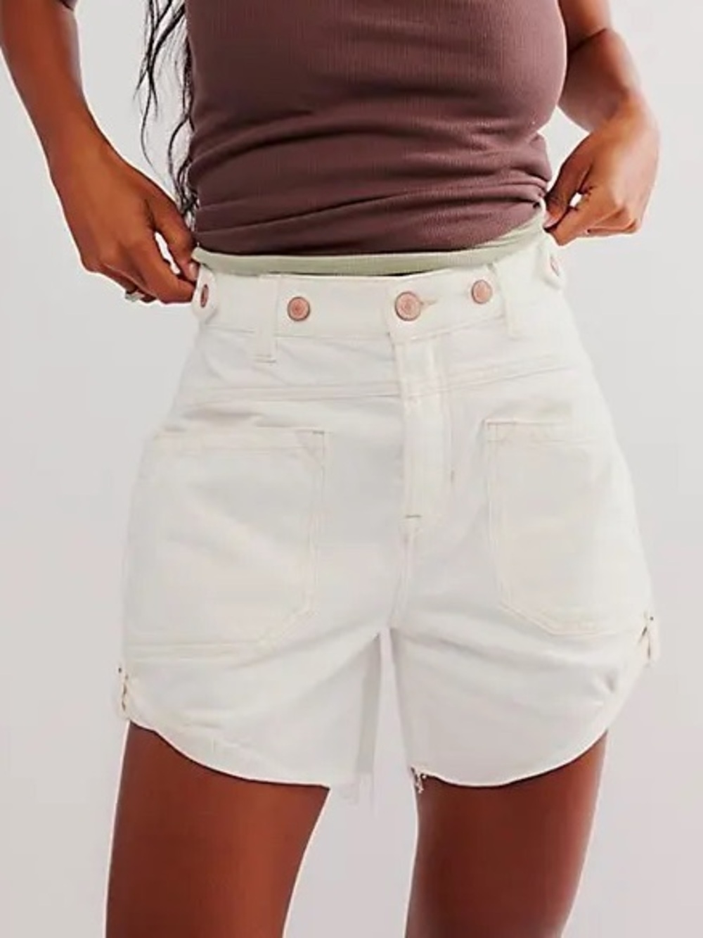 We The Free High-Rise Palmer Wagon White Denim Shorts with Button Detail